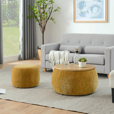 Repose-pieds rond avec rangement, fonction 2 en 1, table de bout avec repose-pieds, avec petit siège, jaune foncé (25 po x 25 po x 14,7 po)