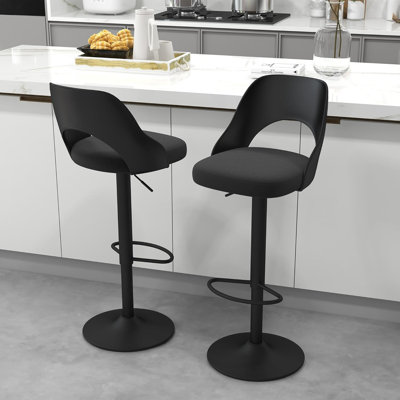 Bar Stools Set of 2, Adjustable Height (25"-33"), Modern Upholstered Swivel, Hollow Backrest, Metal Base, Black