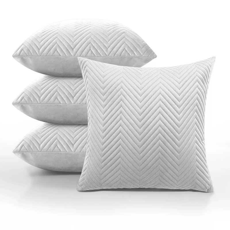 Luxury Chevron Embossed Quilted Pattern Velvet Cushion Cover Set (4-Pack) - Soft Throw Cushion Cover for Home Décor, Silver