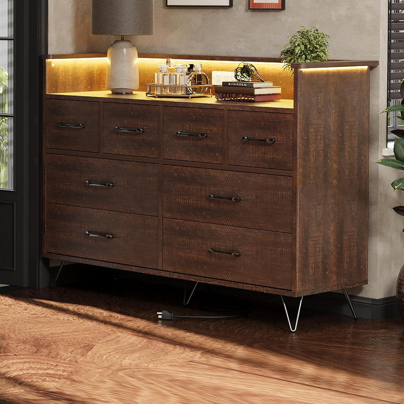 Commode 8 tiroirs large moderne pour jeux de chambre et coiffeuse, Noir / brun
