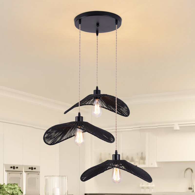 Nia 3-Light Rattan Dimmable Cluster Pendant Light , Black
