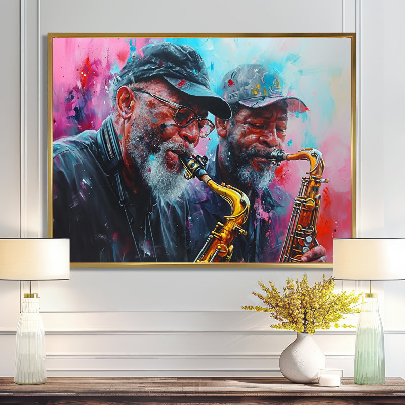 «All That Jazz Two Saxophone joueurs» rétro - musicien mural art salon, Toile avec cadre flottant or