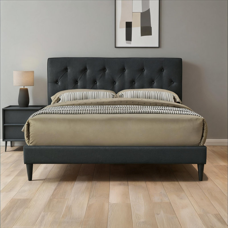King Sized Tufted Upholstered Channel Bed Frame with Convenient Built-In USB Charging, Matte Black