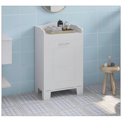 Armoire de rangement autoportante pour salle de bain avec panier à linge coulissant, rangement compact et durable
