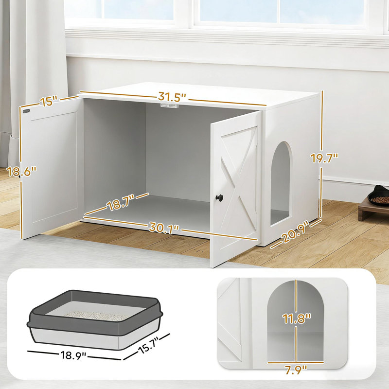 Meuble de lit pour chat élégant et confortable, blanc, L 31,5 po x l 20,9 po x H 19,7 po, avec porte latérale pour un accès facile - avec une conception dissimulée pour réduire les odeurs, une entrée spécialement conçue