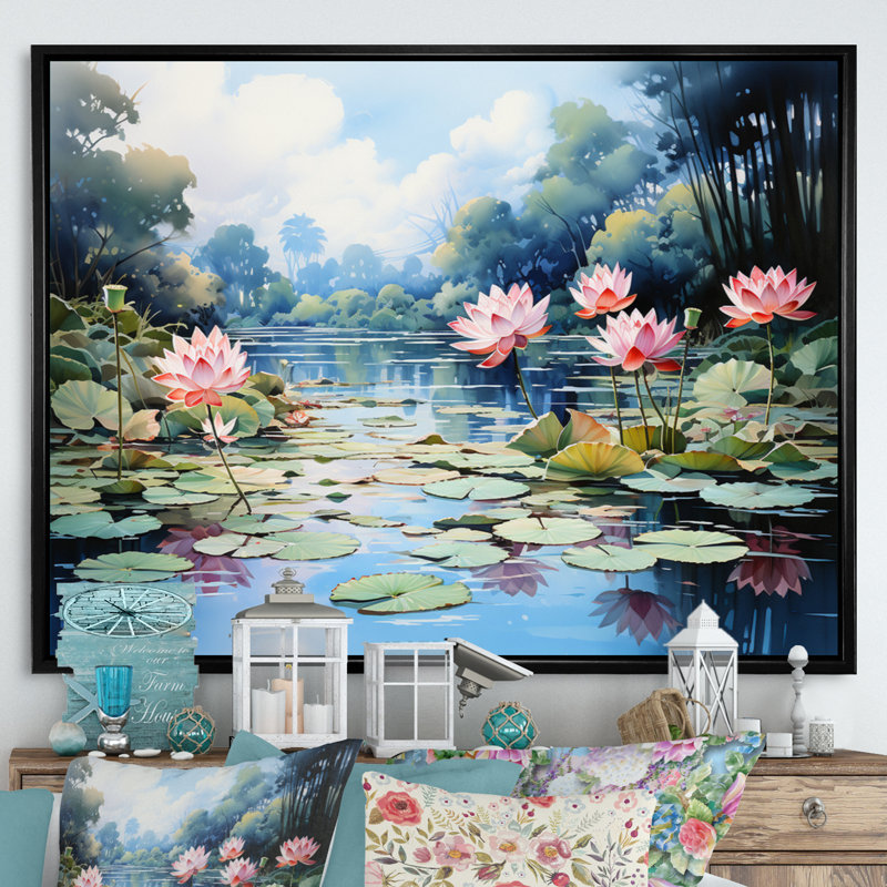 «China Art Lotus Pond III», reproduction, Cadre naturel flottant, H 24 po x l 32 po x P 1 po