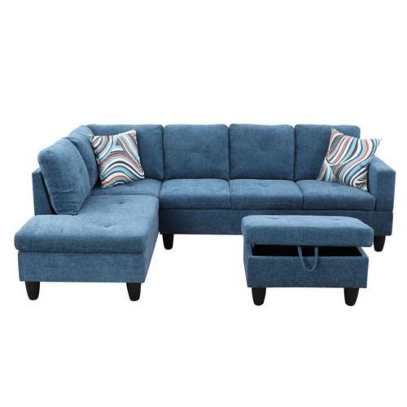 Manol 3 - Piece L- Shaped Upholstered Living Room Sectional Sofa, Left Hand Facing, Blue Polyester Blend