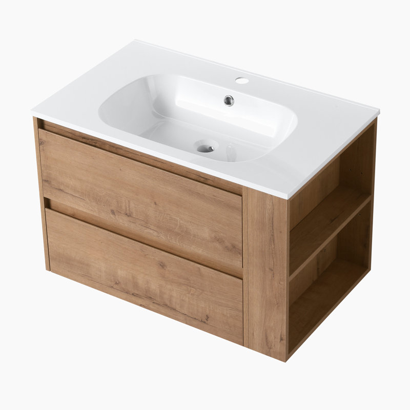 Meuble-lavabo simple 29,7 po avec plateau en gel, Imitation chêne, Blanc