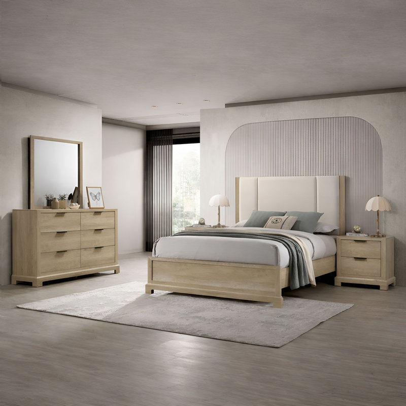 Ensemble de chambre à coucher, lit très grand, commode avec miroir, table de chevet et ensemble de meubles de rangement modernes pour espaces de chambre organisés Rosser