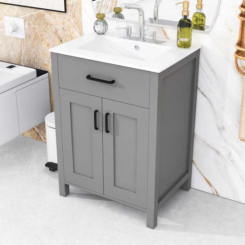 Robby Modern Wooden Freestanding Single Bathroom Vanity with Ceramic Sink and Ample Storage, Gray