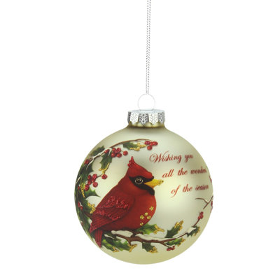 Gold and Red Cardinal Perched on a Holly Berry Branch Glass Ball Christmas Ornament 4" (100mm)