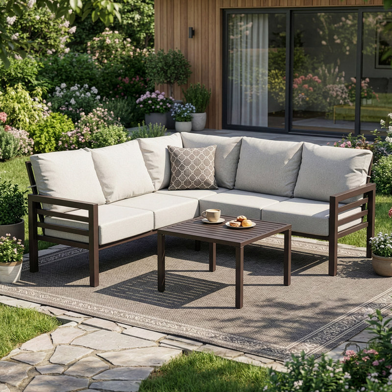 L-Shaped Brown Metal Patio Conversation Sectional Sofa Set, Gray