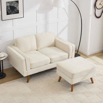 Mid-Century Modern 2-Piece Living Room Sofa Set, Includes Ottoman & Loveseat, Tapered Wood Legs