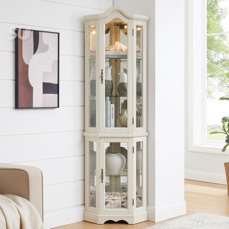 Vitrine de coin lumineuse avec portes et tablettes en verre trempé - rangement élégant en chêne pour le décor du salon et de la chambre à coucher