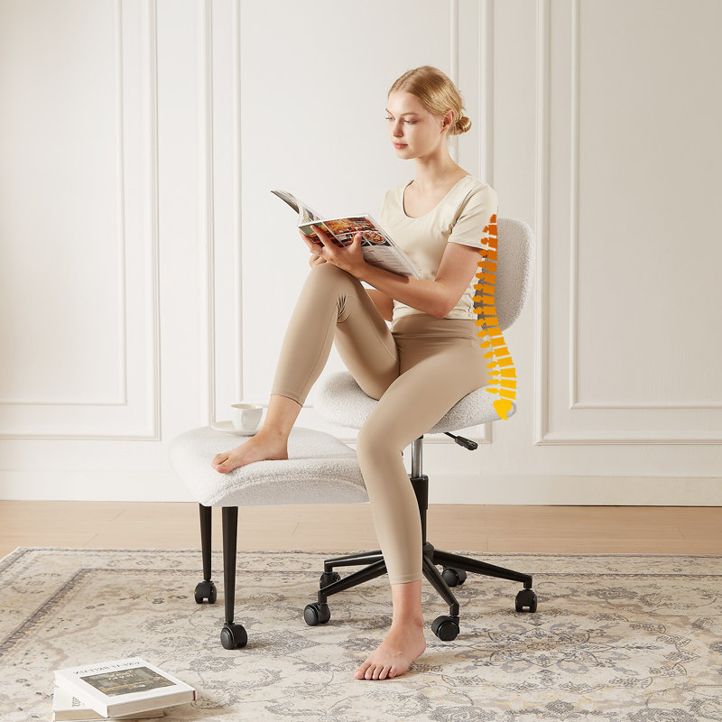Teddy Fabric Ergonomic Office Chair With Back Support And Wheels Cross-Legged ADHD Adjustable Office Chair, Off White