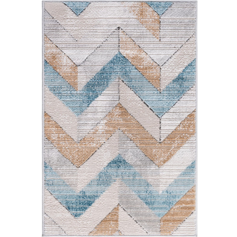  Tapis à chevrons beige / bleu, Rectangle 2 pi 2 po x 3 pi 1 po
