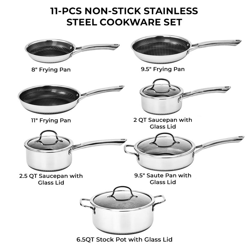 Ensemble de 11 casseroles antiadhésives en acier inoxydable avec casseroles et couvercles