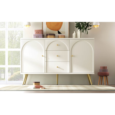 Three Drawer Two Door Cabinet In Cream White, Metal Foot Support For Lasting Use Home
