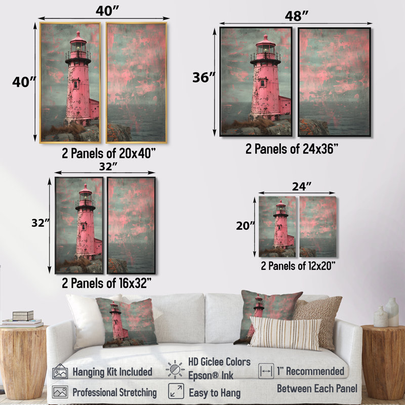 Rose et gris, phare rétro, art mural sur toile, 2 grands phares, H 36 po x l 48 po, Reproduction encadrée sans passe-partout