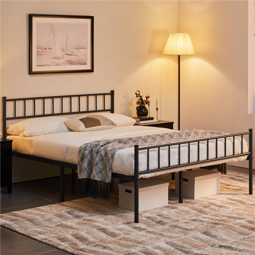 Minimalist Metal Bed Frame with Slatted Headboard