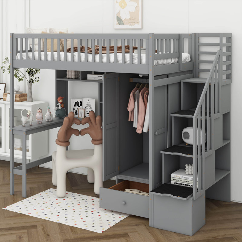 Lit mezzanine simple avec bibliothèque intégrée et tiroirs, Gris