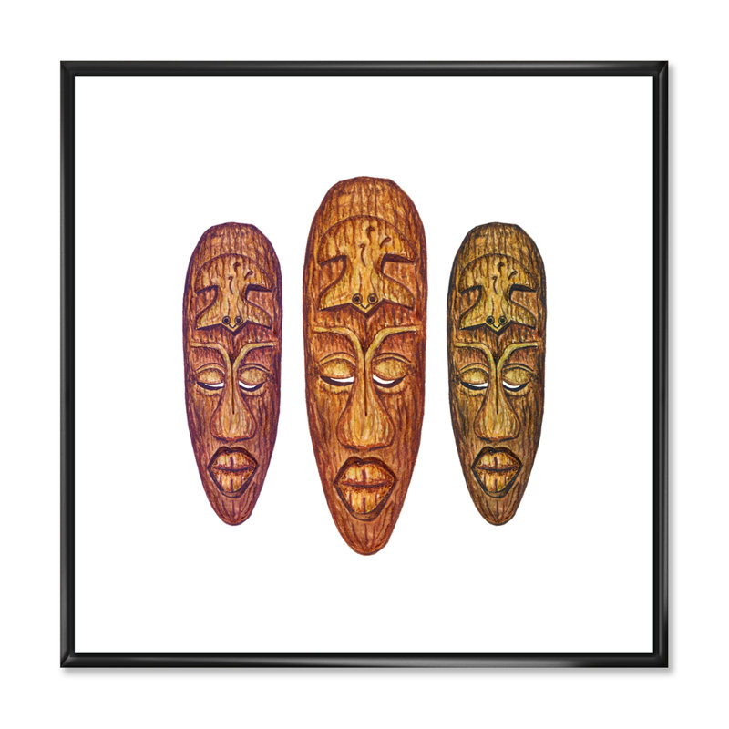 Trois masques tribaux en bois - Impression sur toile, H 16 po x l 16 po, Toile à cadre flottant noir