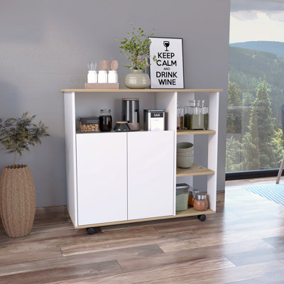 Kitchen Cart, Four Casters , Four Open Shelves, Double Door Cabinet