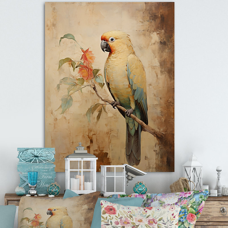 Élégance de plumes de perroquet beige rétro, Toile tendue, H 20 po x l 12 po x P 1 po
