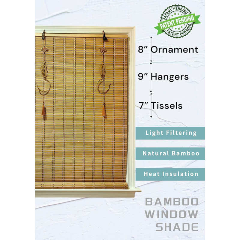Store de fenêtre sans fil en bambou sans cordon, abat-jour à roulettes filtrant la lumière avec crochets décoratifs en laiton à thème oriental (bambou naturel)