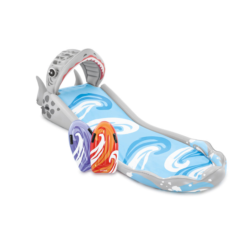 Gray and Blue Inflatable Shark Water Slide with Surf Riders