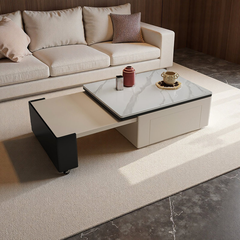 Table basse extensible cachée avec roulettes silencieuses, H 15,74 po x L 29,52 po x l 19,68 po, Blanc / beige / gris