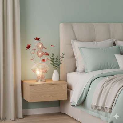 Aluminium 4 roses rouges 6 pétales floraux 2 boutons floraux rouges / argentés sur un ventilateur Lampe de table en aluminium pour salon, table de chevet, lampe de chevet pour chambre à coucher, lampe DEL