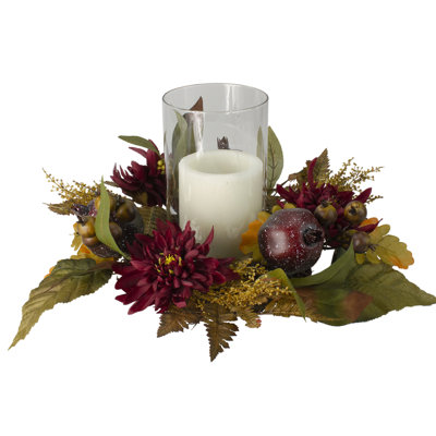 22" Mums with Pomegranate Fall Candle Holder Centerpiece