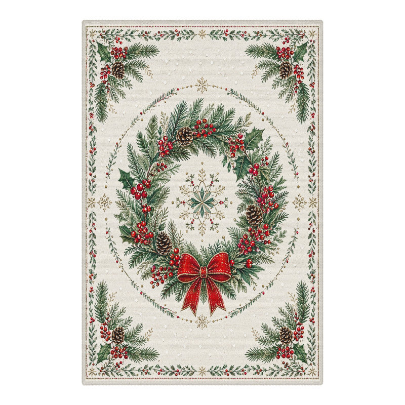 Tapis de salon lavable à poils courts, motif floral de Noël ivoire et vert avec couronne de sapin et nœud rouge
