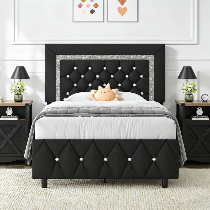 Alber Faux Leather Diamond Tufted Platform Bed with Headboard & 2 Rustic Farmhouse Nightstands Set, Barn Door End Tables with Storage Shelf