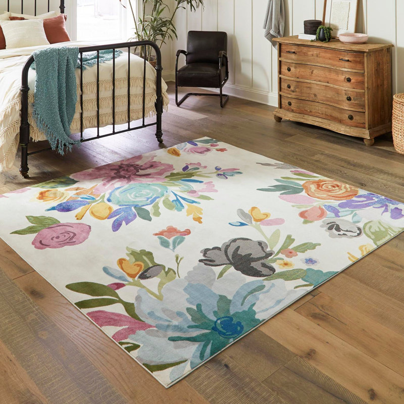Tapis à motif floral vert / mauve / bleu / ivoire / gris / orange Aludra, Carré 3 pi 3 po
