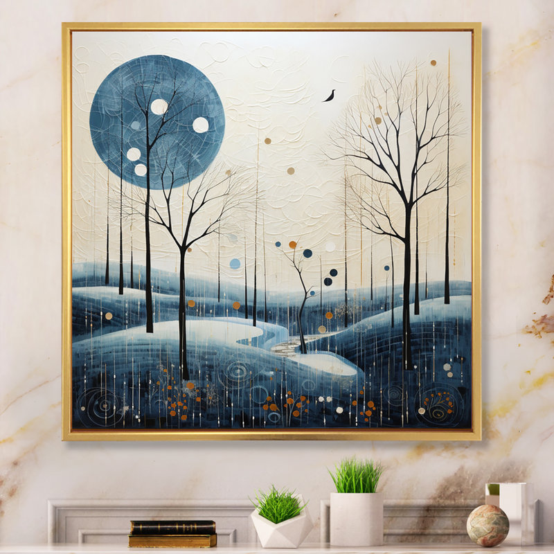 «Blue Beige Mid Century Minimalist Oasis II», reproduction sur toile, Cadre flottant doré, H 16 po x l 16 po x P 1 po
