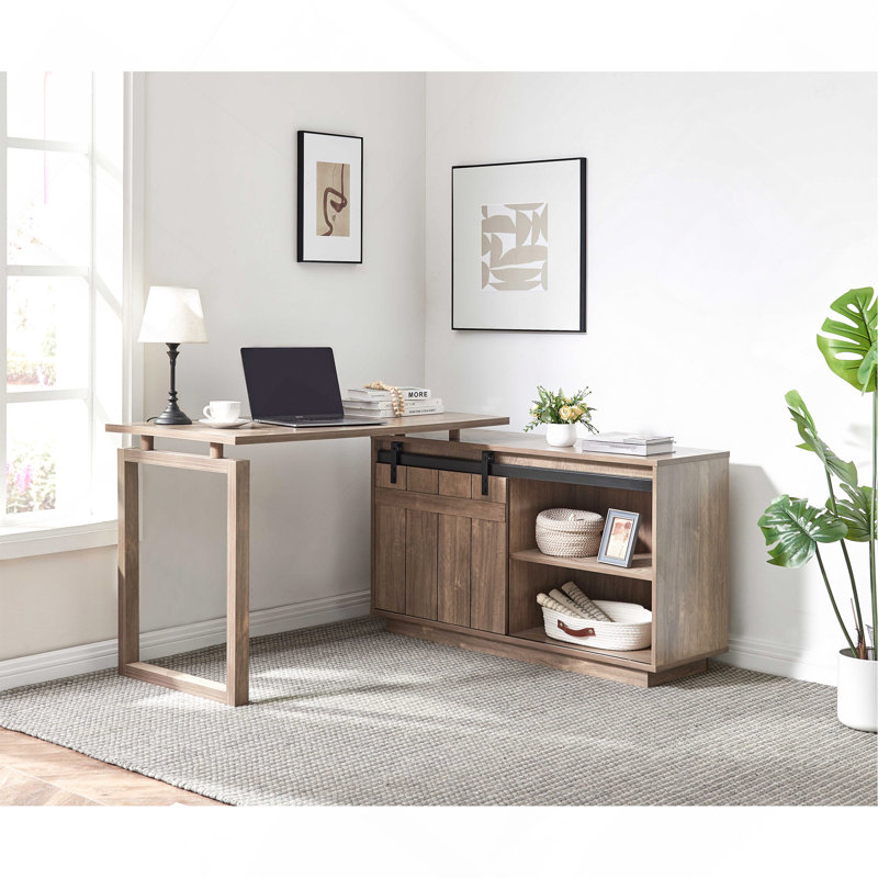 Crédence de rangement en L pour bureau à domicile avec bureau et porte de grange coulissante, Noisette