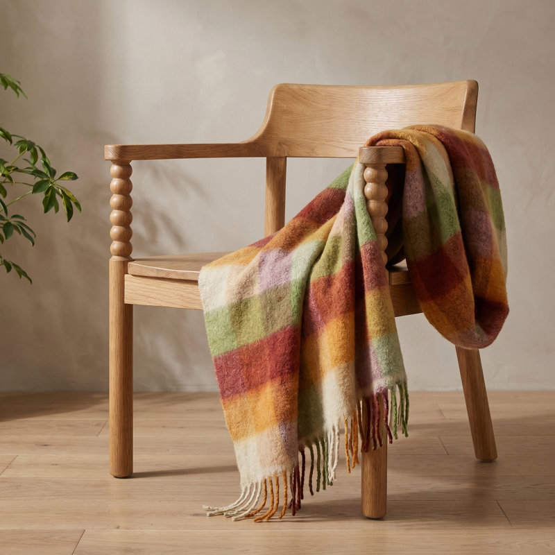 Brushed Plaid Fringe Throw, Multicolor Polyester