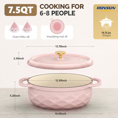 7.5 qt. Oval Enameled Cast Iron Dutch Oven in Red with Oven Mitts and Pot Holder for Baking, Braising, and Stewing