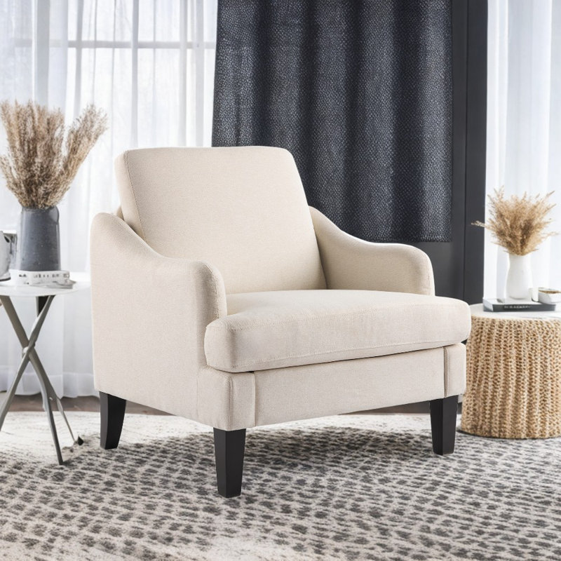  Ebern Designs 30.71"W Small Space Reading Chair Mid Century Curved Arm Linen Accent Chair, Beige Linen