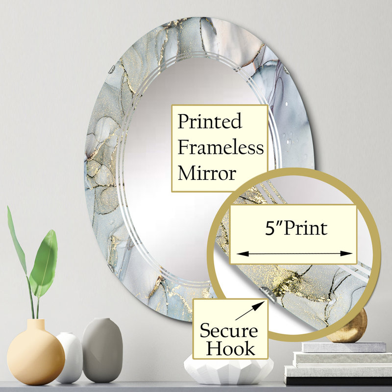 Abstract Wall Mirror, Gray Yellow Liquid Ink Decorative Mirror - Grey And Yellow Tender Liquid Ink Art, 30" x 20"