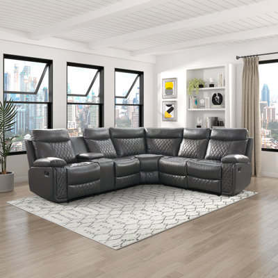 Longvale 98'' Modern & Contemporary Reclining Sectional Sofa - Faux Leather Sectional Sofa, Integrated Console with Cup Holders and Storage, End Seat Manual Reclining Mechanisms