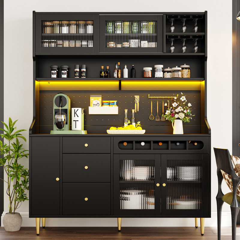 Modern Highboard with Adjustable Shelves & LED Lights, Freestanding Tall Cabinet with Wine Rack for Living Storage, Black