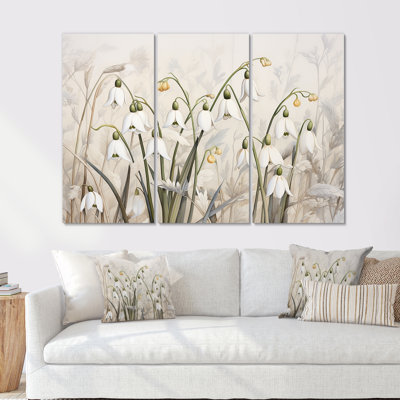 Minimalisme «Snowdrops Beige Scenery I» - ensemble de reproductions d'art mural Snowdrops