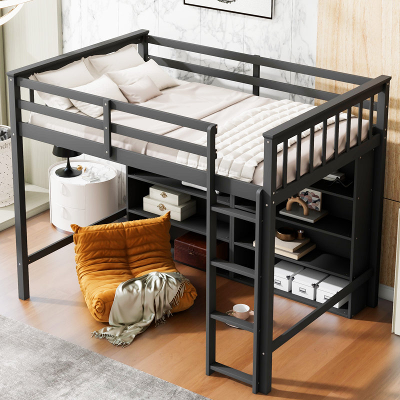 Loft Bed With 8 Open Storage Shelves And Built-In Ladder, Antique Grey