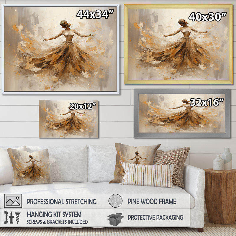 Danse de ballet beige et dorée sur toile, Cadre flottant doré, H 24 po x l 32 po x P 1 po