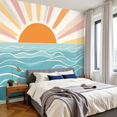 Papier peint adhésif auto-adhésif moderne l 144 po x H 100 po pour chambre à coucher Sunset Calm Waves Retro Colorful Rays