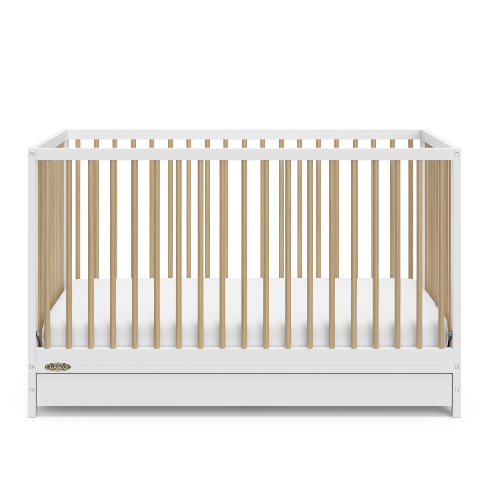 Teddi 5-in-1 Convertible Portable Crib, White/Driftwood, Crib + Mattress + Protector