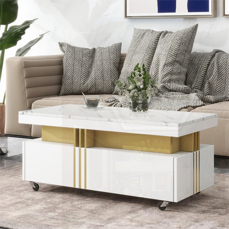 Table basse contemporaine avec plateau en faux marbre, Blanc